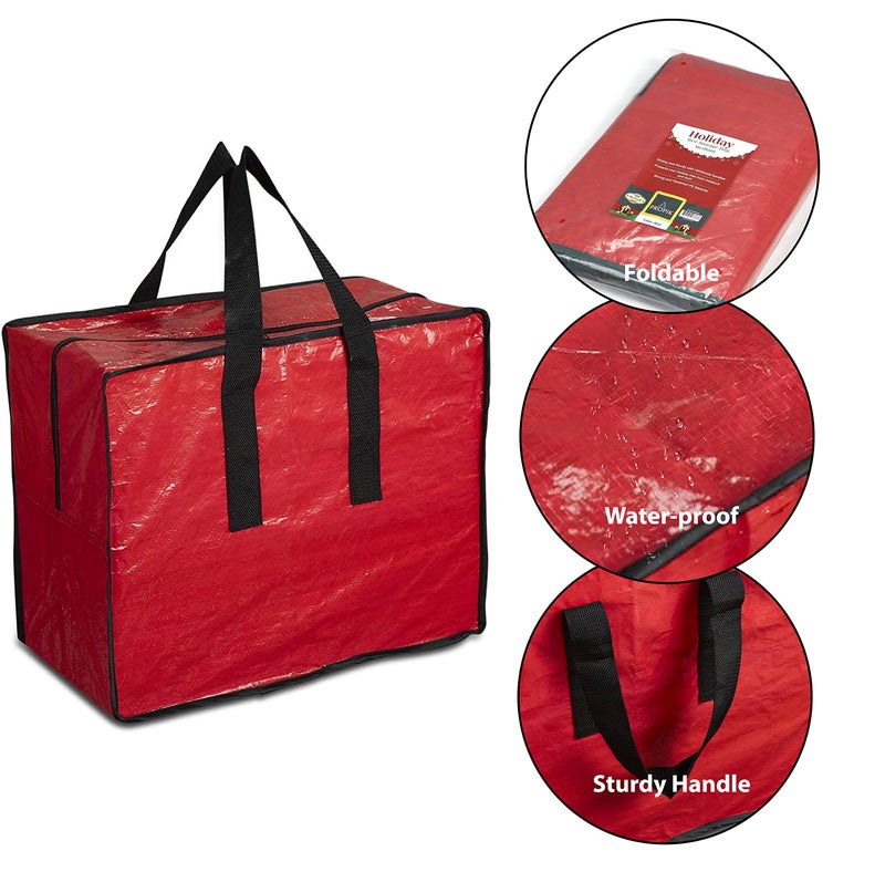 ProPik Christmas Ornaments Storage, Holiday Accessories Bag Tear-Proof Tarp 18 X 10 X 15 with Handles and Full Length Zipper (Red) - Image 3